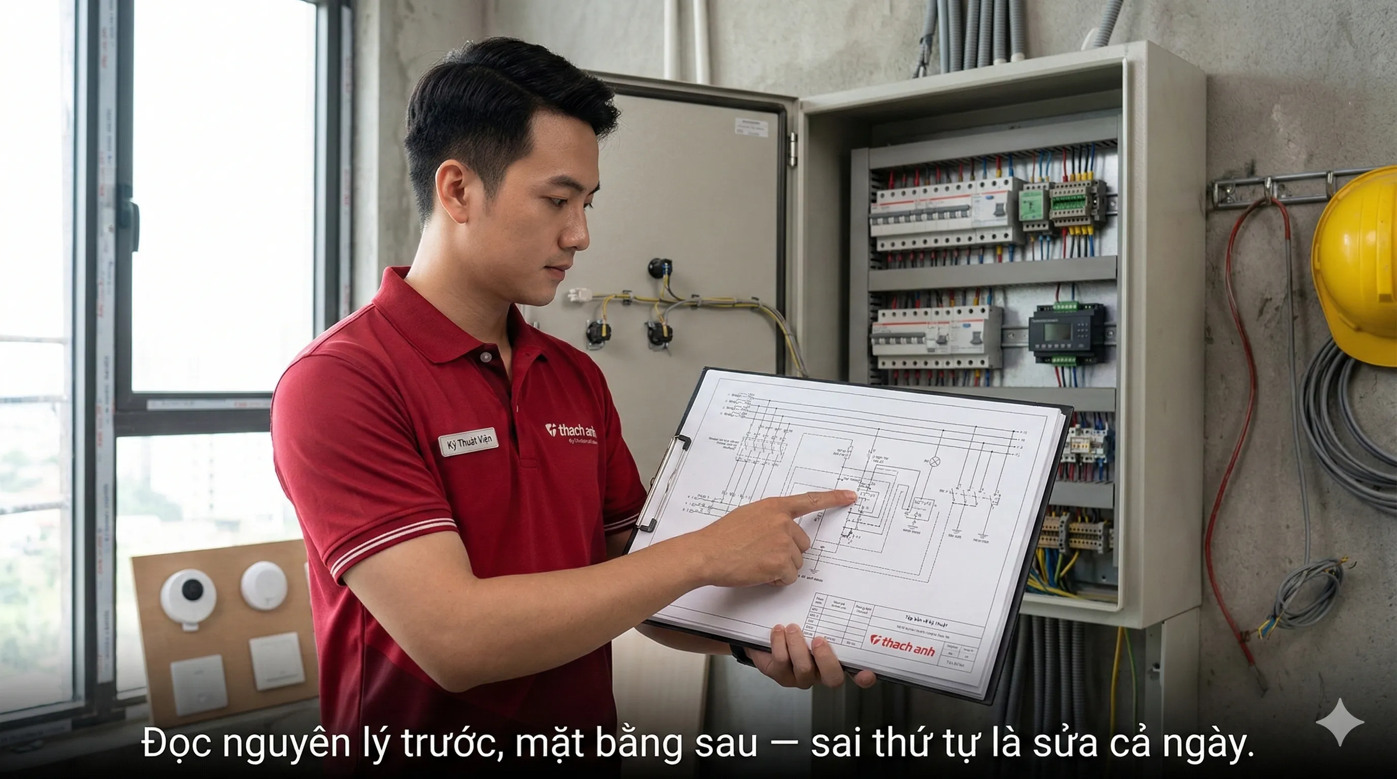 Kỹ thuật viên đối chiếu bản vẽ nguyên lý với tủ điện thực tế tại công trường
