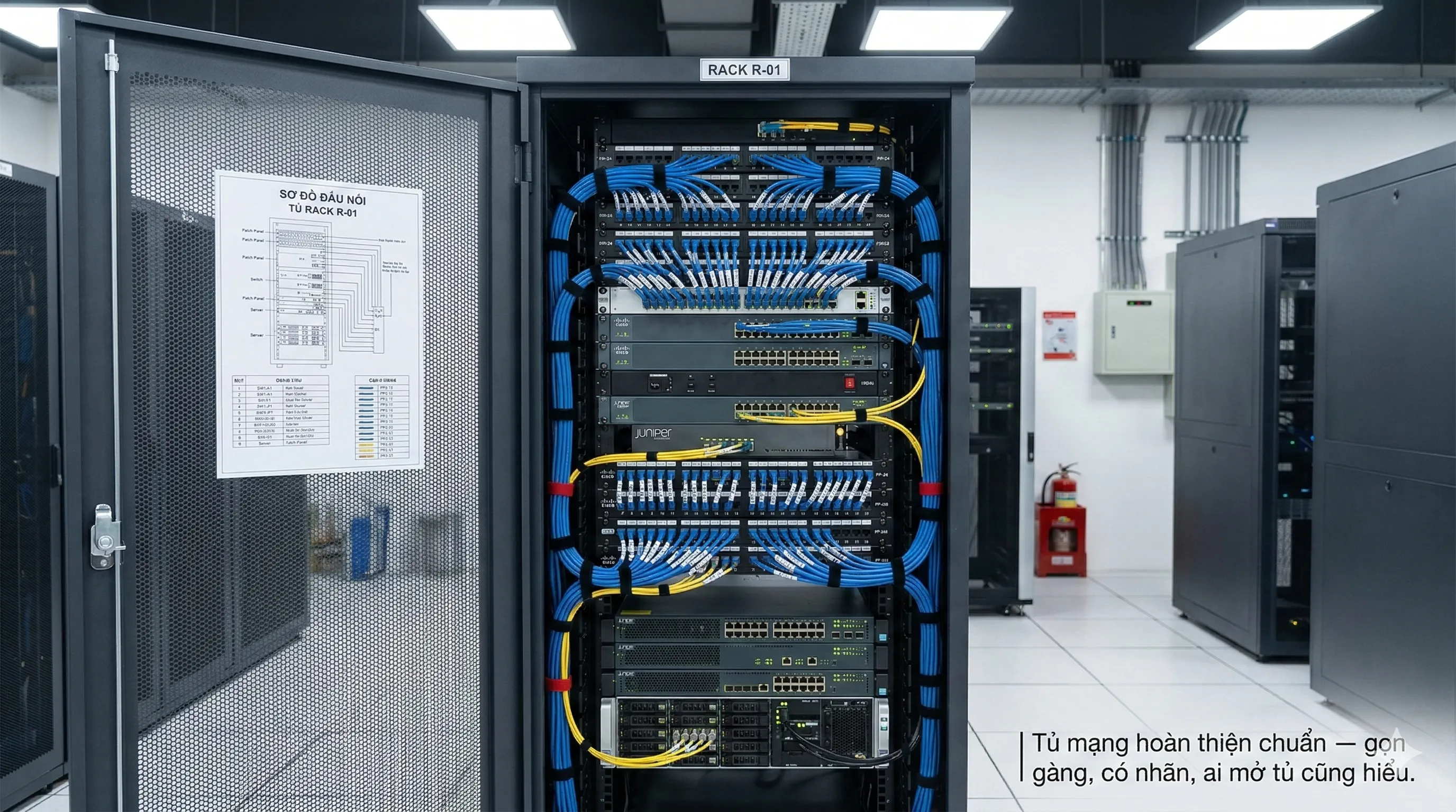 Tủ mạng thi công chuẩn: dây gom gọn, nhãn rõ ràng, sơ đồ đấu nối dán trong tủ